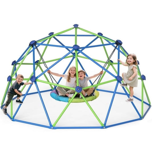 10FT Climbing Dome with Swing and String Light, Outdoor Jungle Gym for Kids, Geometric Dome Climber Supporting 880 Lbs Anti-Rust Metal Outdoor Play Structure