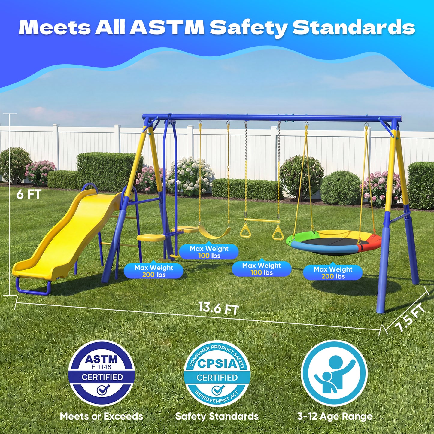 Metal Swing Sets for Backyard,Fashionsport Outfitters Heavy-Duty Outdoor Kids Swing sets for Playground,Outside Toys with Saucer Swing,Glider,Wave Slide,Belt Swing ,Trapeze Bar Swing for Aged 3-12