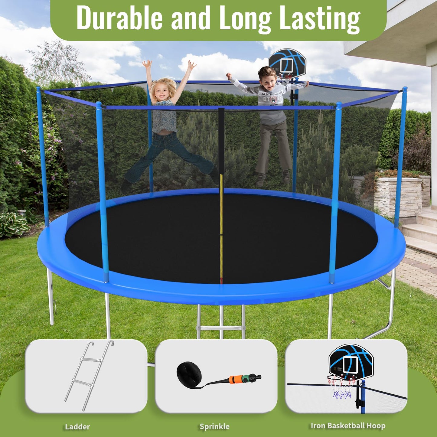 Trampoline with Basketball Hoop & Sprinkler