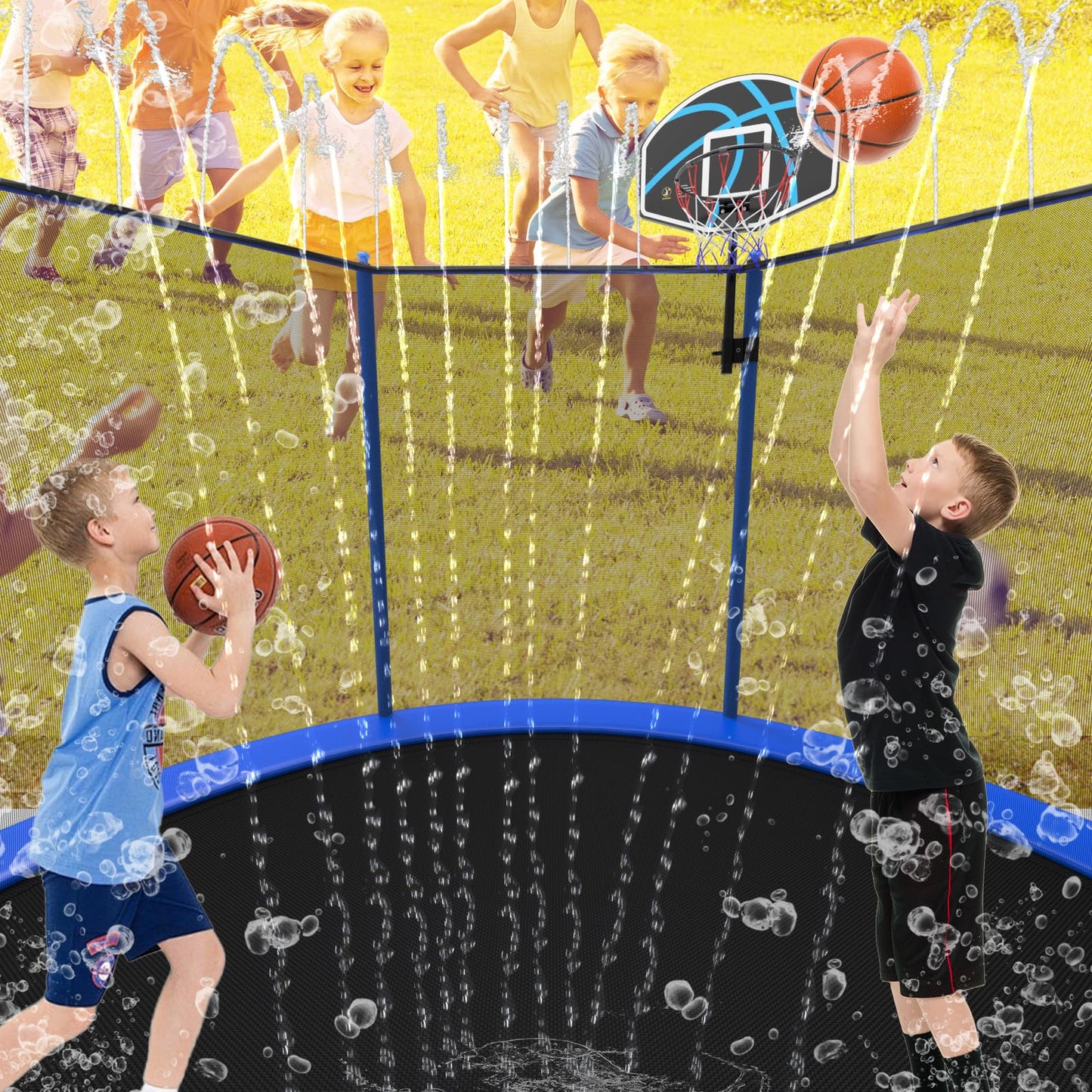 Trampoline with Basketball Hoop & Sprinkler