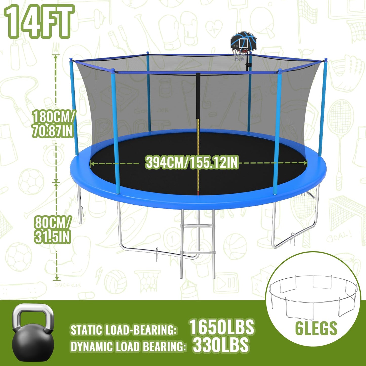 Trampoline with Basketball Hoop & Sprinkler