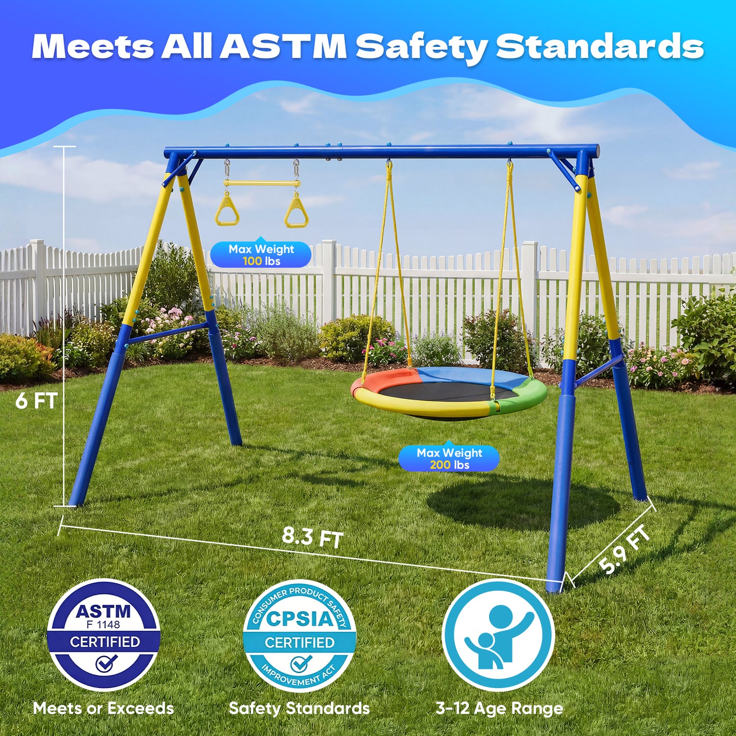 Swing Sets for Backyard,Fashionsport Outfitters Heavy-Duty 500lbs Outdoor Metal Swing sets for Playground,Outside Toys with Saucer Swing,Belt Swing and Trapeze Rings for Aged 3-12 Kids