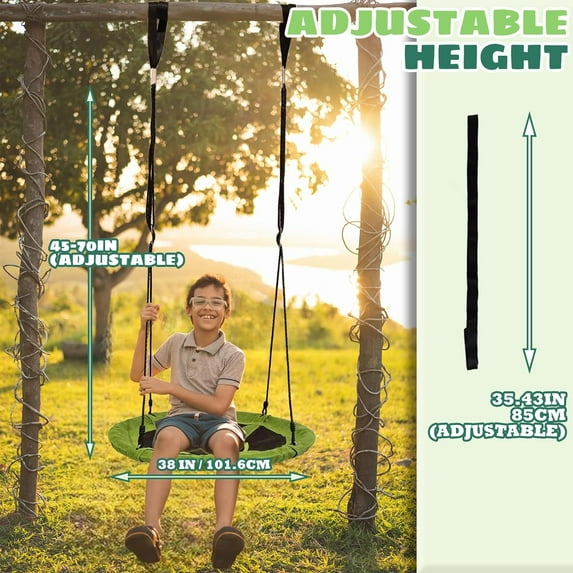 38 Inch Saucer Tree Swing for Kids - Outdoor Round Swing with Adjustable Straps 200LBS Weight Capacity, Green