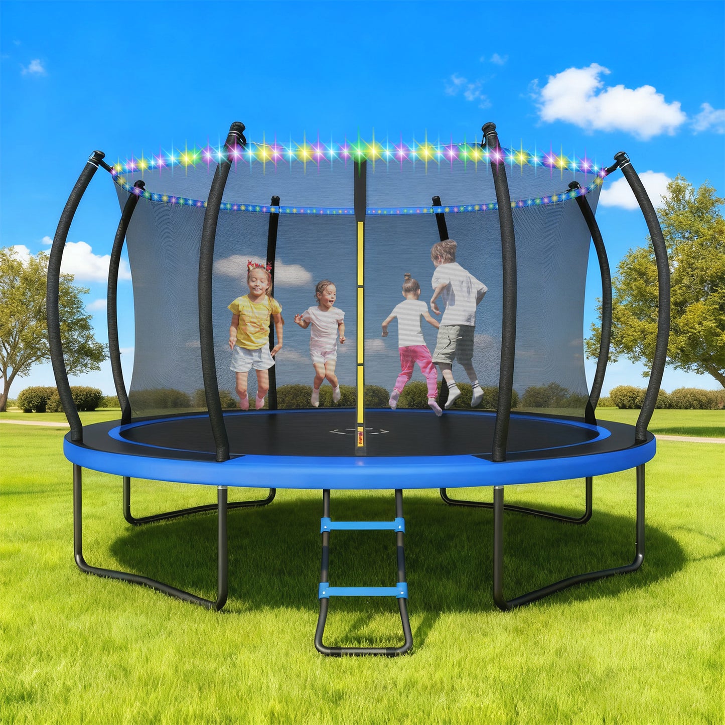 Outdoor Trampoline,10FT/12FT/14FT /16FT Trampoline with LED Lights, Recreational Backyard Trampolines Anti-Rust for Kids and Adults with Net and Ladder