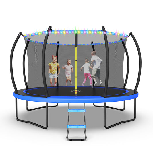 Outdoor Trampoline,10FT/12FT/14FT /16FT Trampoline with LED Lights, Recreational Backyard Trampolines Anti-Rust for Kids and Adults with Net and Ladder