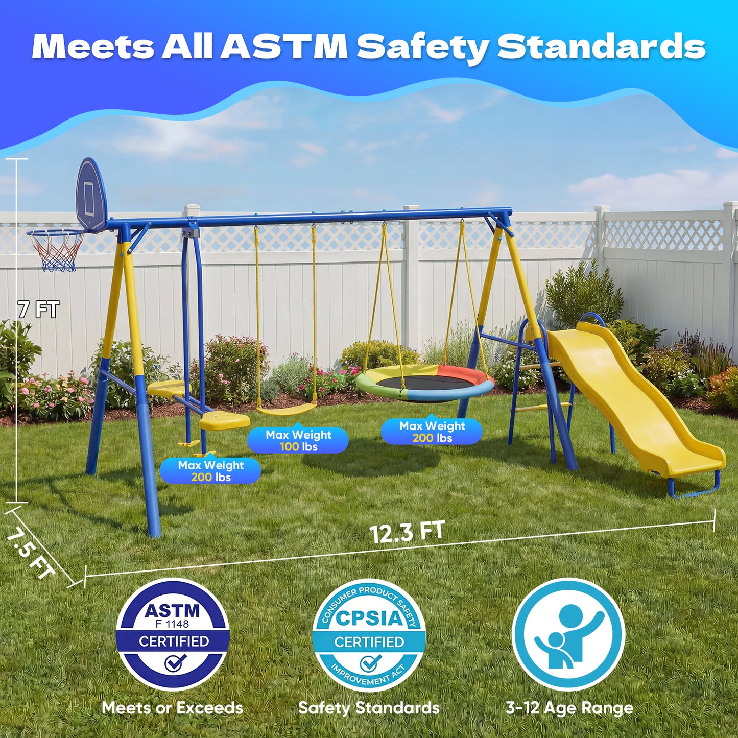 Metal Swing Sets for Backyard,Fashionsport Outfitters Heavy-Duty Outdoor Swing sets for Playground,Outside Toys with Saucer Swing,Glider,Wave Slide,Belt Swing ,Basketball Hoop for 7 Kids Aged 3-12