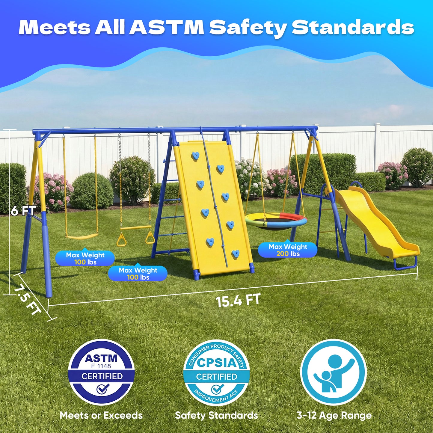 Swing Sets,Fashionsport Outfitters Heavy-Duty Metal Swing sets for Backyard, Playground,Outside Toys with Climber Net,Climber Wall,Saucer Swing,Wave Slide,Belt Swing ,Trapeze Bar for 7 Kids Aged 3-12