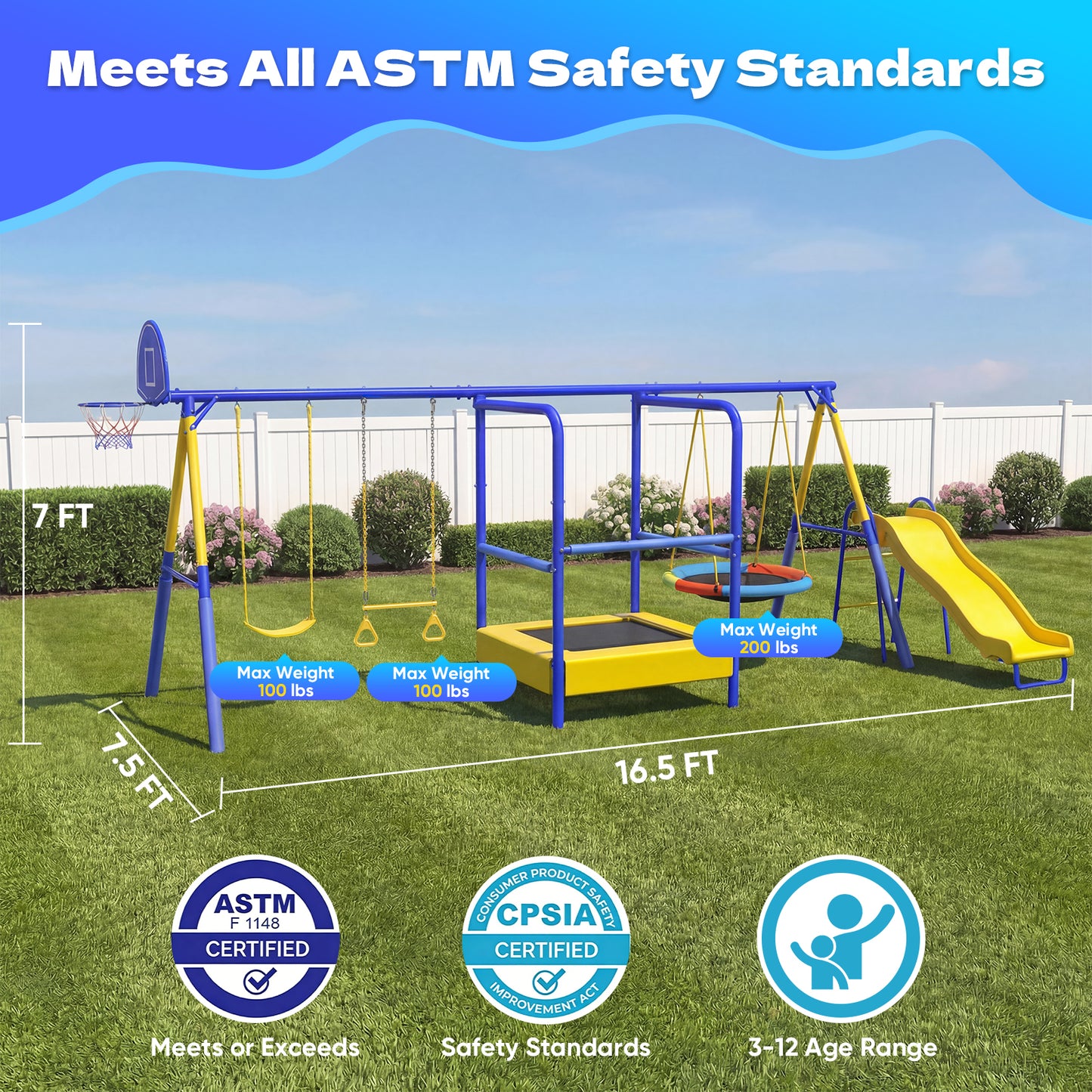 Swing Sets with Trampoline,Fashionsport Outfitters Heavy-Duty Outdoor Swing sets for Backyard,Playground,Outside Toys with Saucer Swing,Wave Slide,Belt Swing,Trapeze Bar,Basketball Hoop for Aged 3-12