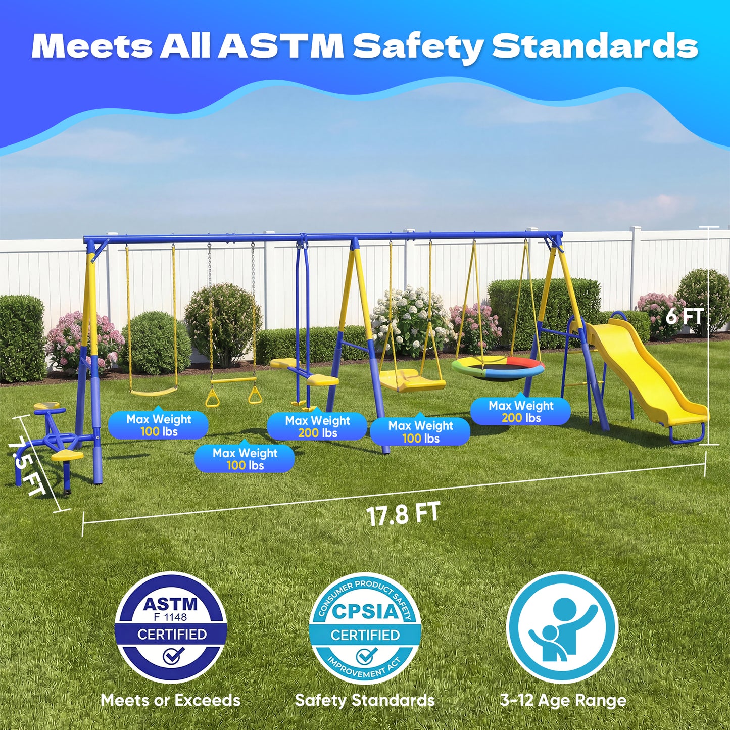 7in1 Swing Sets,Fashionsport Heavy-Duty Outdoor Metal Swing sets for Backyard,Outside Toys with Saucer Swing,Wave Slide,Glider,Belt Swing,Trapeze Bar,Standing Swing,Teeter Totters for Aged 3-12