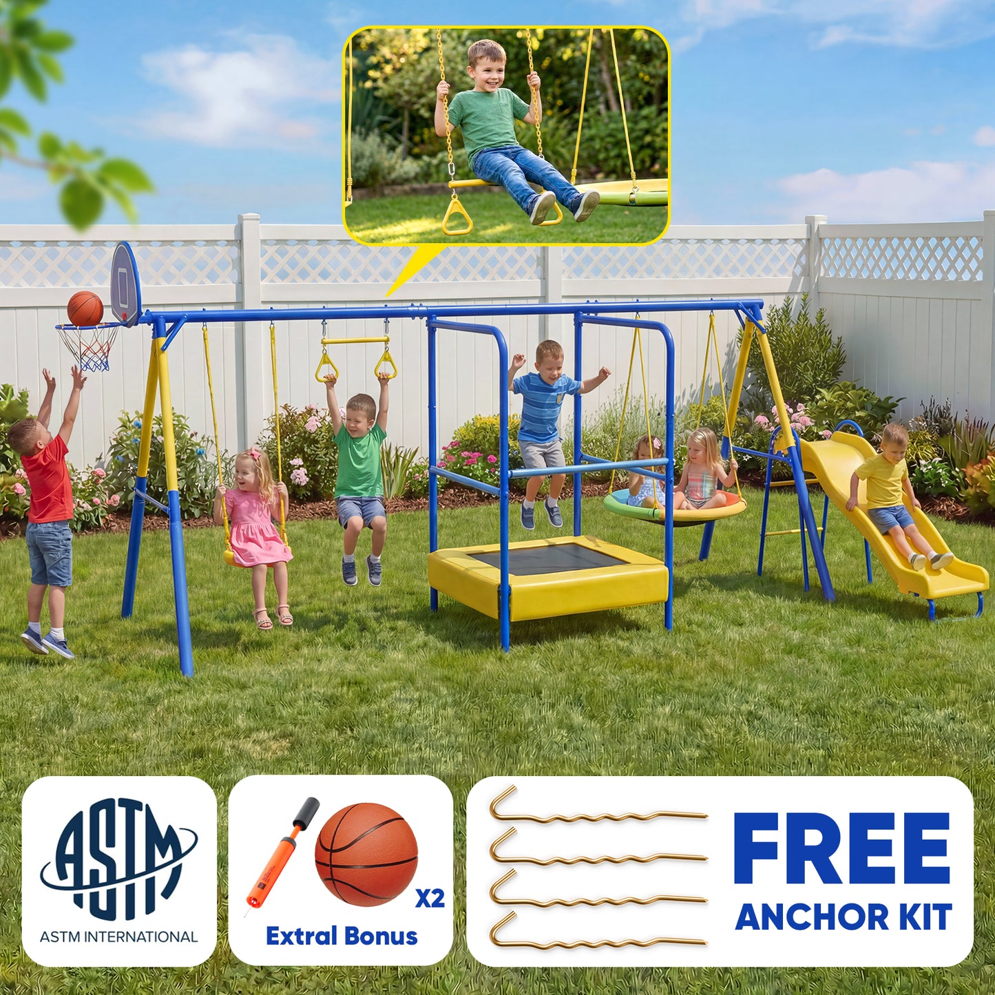 Swing Sets with Trampoline,Fashionsport Outfitters Heavy-Duty Outdoor Swing sets for Backyard,Playground,Outside Toys with Saucer Swing,Wave Slide,Belt Swing,Trapeze Bar,Basketball Hoop for Aged 3-12