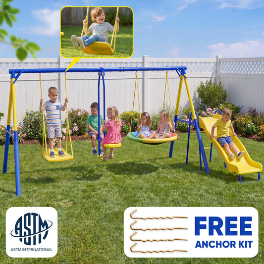 Swing Sets 6 Kids Play,Fashionsport Outfitters Heavy-Duty Outdoor Metal Swing sets for Backyard,Playground,Outside Toys with Saucer Swing,Wave Slide,Glider,Standing Swing for Aged 3-12