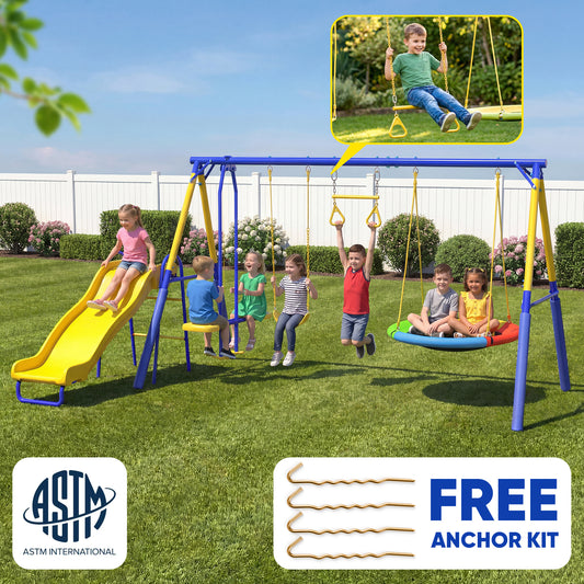 Metal Swing Sets for Backyard,Fashionsport Outfitters Heavy-Duty Outdoor Kids Swing sets for Playground,Outside Toys with Saucer Swing,Glider,Wave Slide,Belt Swing ,Trapeze Bar Swing for Aged 3-12
