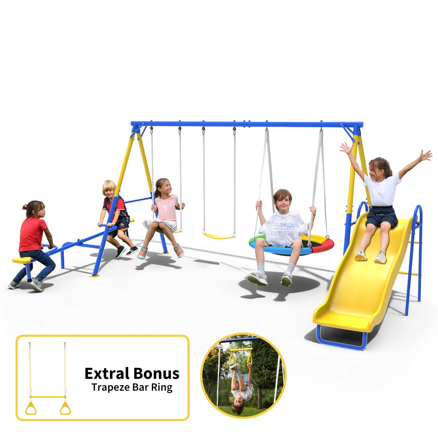 5-in-1 Swing Set,Metal Swing Sets for Backyard,Heavy-Duty Outdoor Kids Playsets for Playground,Outside Play Toys with Bonus Trapeze Bar Ring Great for Aged 3-12