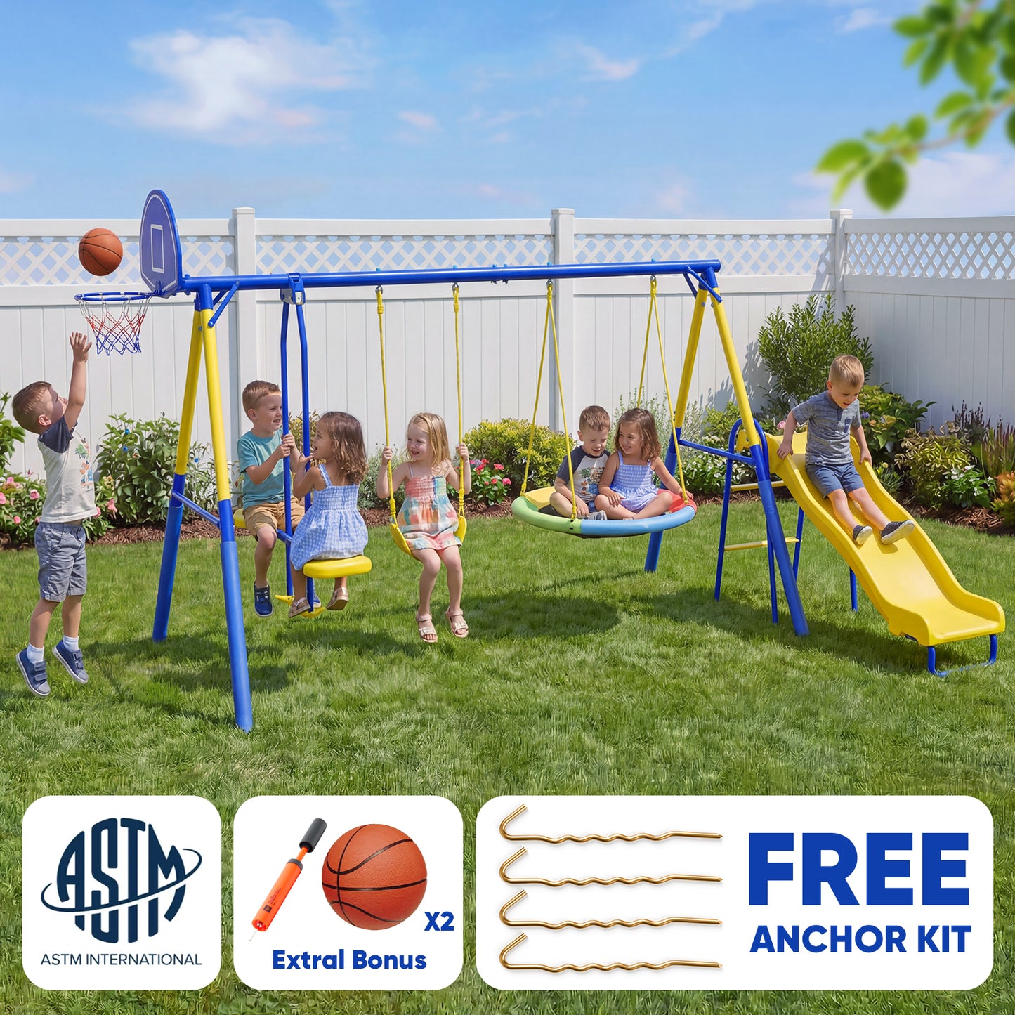 Metal Swing Sets for Backyard,Fashionsport Outfitters Heavy-Duty Outdoor Swing sets for Playground,Outside Toys with Saucer Swing,Glider,Wave Slide,Belt Swing ,Basketball Hoop for 7 Kids Aged 3-12