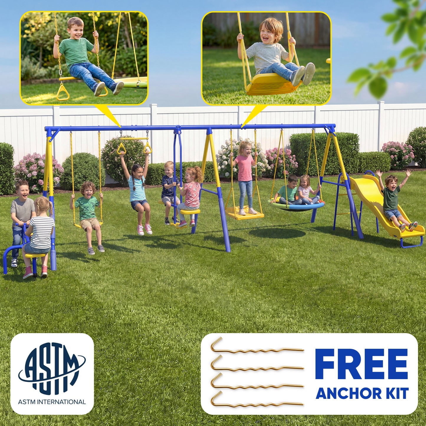 7in1 Swing Sets,Fashionsport Heavy-Duty Outdoor Metal Swing sets for Backyard,Outside Toys with Saucer Swing,Wave Slide,Glider,Belt Swing,Trapeze Bar,Standing Swing,Teeter Totters for Aged 3-12