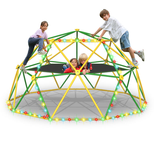 10FT Climbing Dome with Hammock and Led String Light, Kids Geometric Climber Dome Jungle Gym Outdoor Play Toddler Play Set for Ages 3-10, Supports up to 880lbs