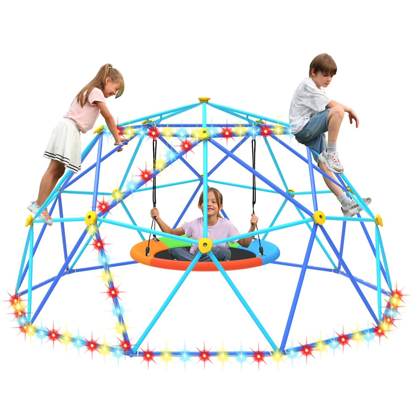 10FT Climbing Dome with Swing and String Light, Outdoor Jungle Gym for Kids, Geometric Dome Climber Supporting 880 Lbs Anti-Rust Metal Outdoor Play Structure