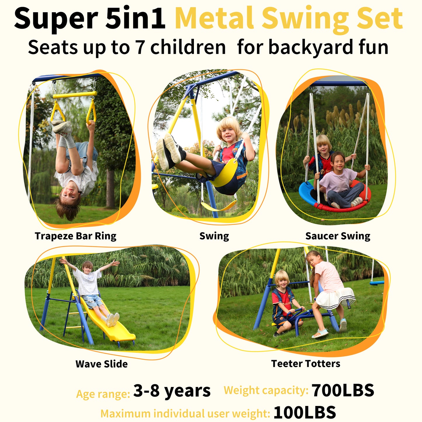 5-in-1 Swing Set,Metal Swing Sets for Backyard,Heavy-Duty Outdoor Kids Playsets for Playground,Outside Play Toys with Bonus Trapeze Bar Ring Great for Aged 3-12