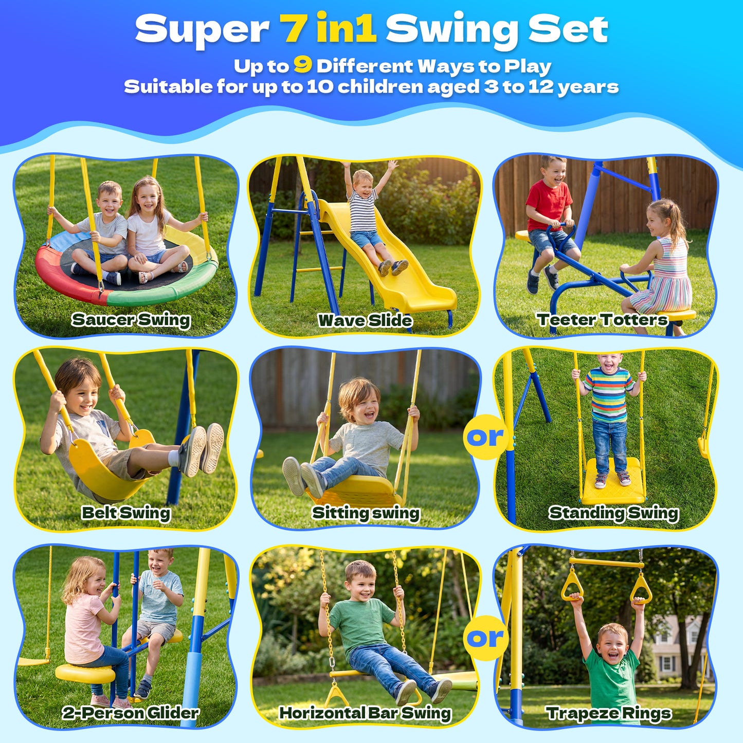 7in1 Swing Sets,Fashionsport Heavy-Duty Outdoor Metal Swing sets for Backyard,Outside Toys with Saucer Swing,Wave Slide,Glider,Belt Swing,Trapeze Bar,Standing Swing,Teeter Totters for Aged 3-12