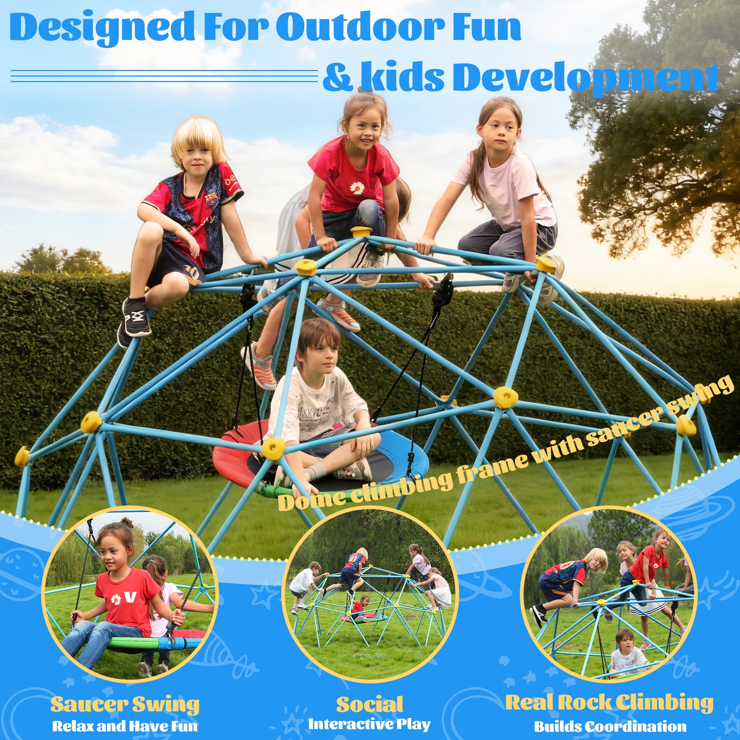 10FT Climbing Dome with Swing and String Light, Outdoor Jungle Gym for Kids, Geometric Dome Climber Supporting 880 Lbs Anti-Rust Metal Outdoor Play Structure