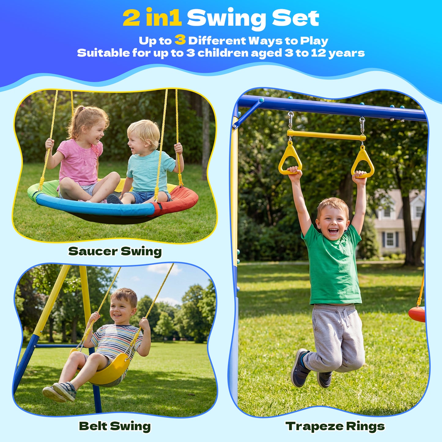Swing Sets for Backyard,Fashionsport Outfitters Heavy-Duty 500lbs Outdoor Metal Swing sets for Playground,Outside Toys with Saucer Swing,Belt Swing and Trapeze Rings for Aged 3-12 Kids