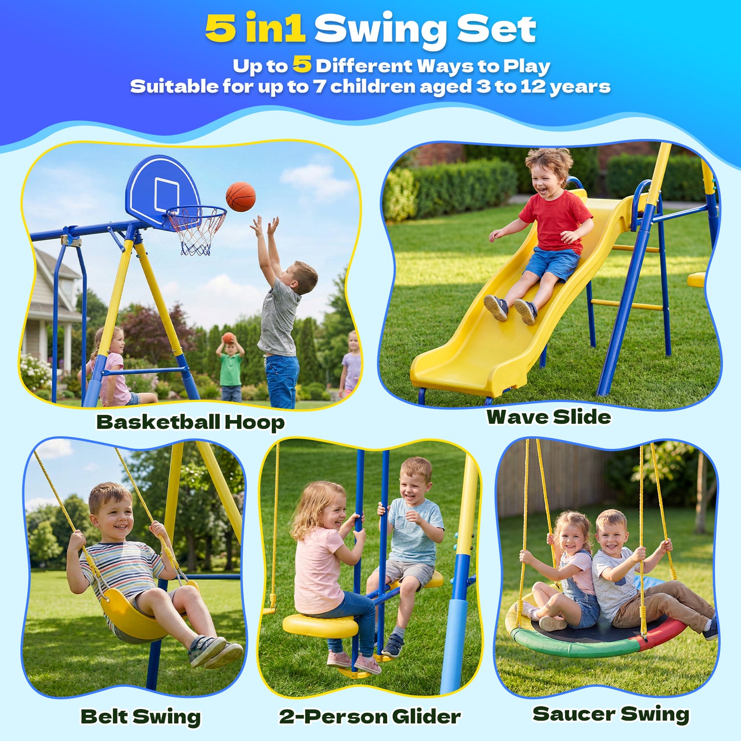Metal Swing Sets for Backyard,Fashionsport Outfitters Heavy-Duty Outdoor Swing sets for Playground,Outside Toys with Saucer Swing,Glider,Wave Slide,Belt Swing ,Basketball Hoop for 7 Kids Aged 3-12