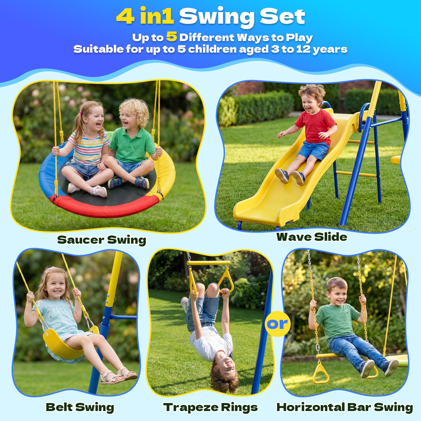 Swing Sets for Backyard,Fashionsport Outfitters Heavy-Duty Outdoor Kids Metal Swing sets for Playground,Outside Toys with Saucer Swing,Wave Slide,Belt Swing ,Trapeze Bar Ring for Kids Aged 3-12