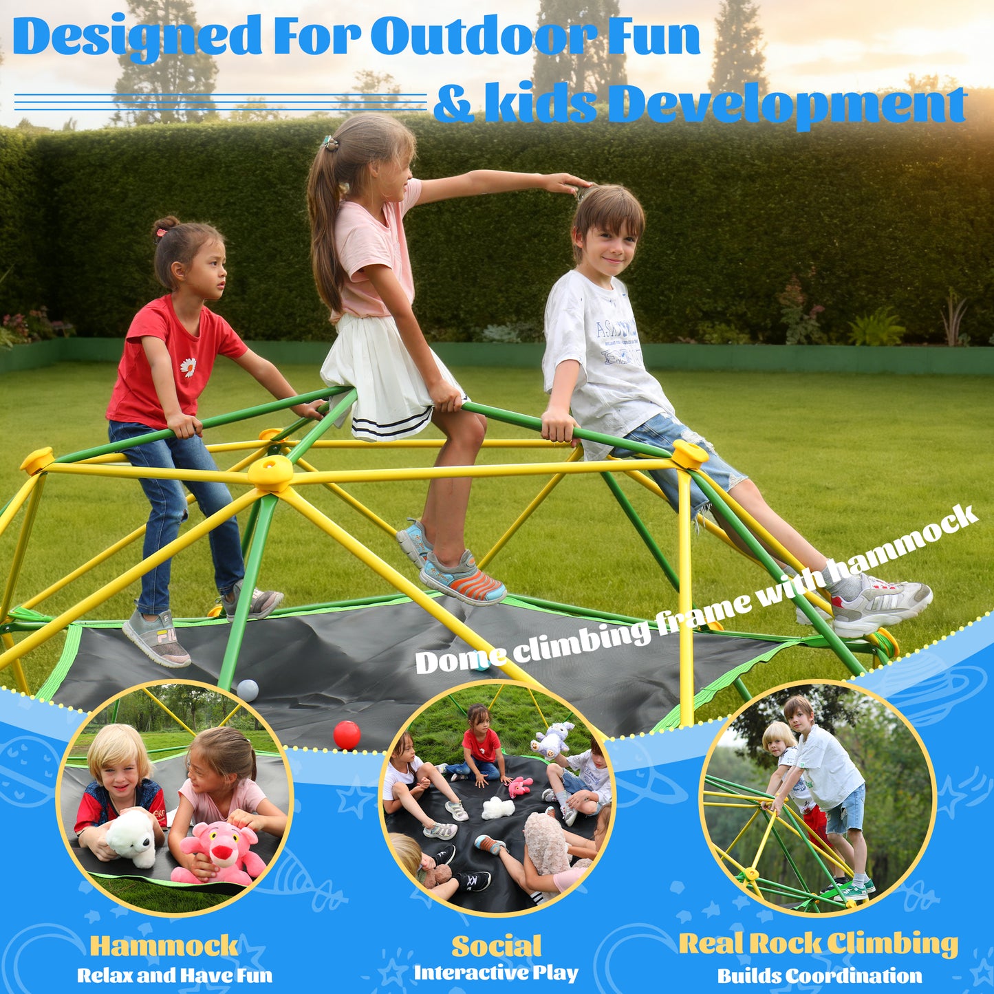 10FT Climbing Dome with Hammock and Led String Light, Kids Geometric Climber Dome Jungle Gym Outdoor Play Toddler Play Set for Ages 3-10, Supports up to 880lbs