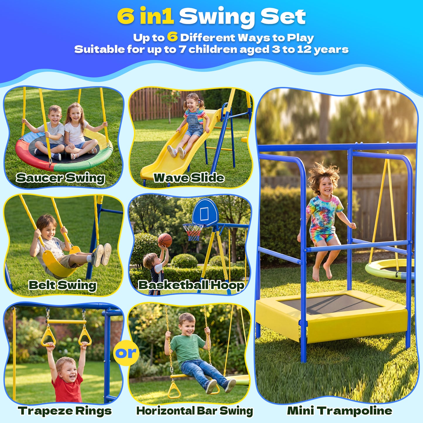 Swing Sets with Trampoline,Fashionsport Outfitters Heavy-Duty Outdoor Swing sets for Backyard,Playground,Outside Toys with Saucer Swing,Wave Slide,Belt Swing,Trapeze Bar,Basketball Hoop for Aged 3-12