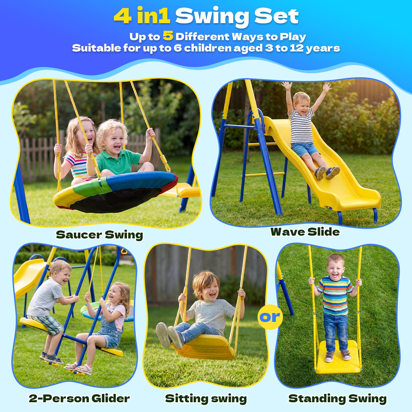 Swing Sets 6 Kids Play,Fashionsport Outfitters Heavy-Duty Outdoor Metal Swing sets for Backyard,Playground,Outside Toys with Saucer Swing,Wave Slide,Glider,Standing Swing for Aged 3-12
