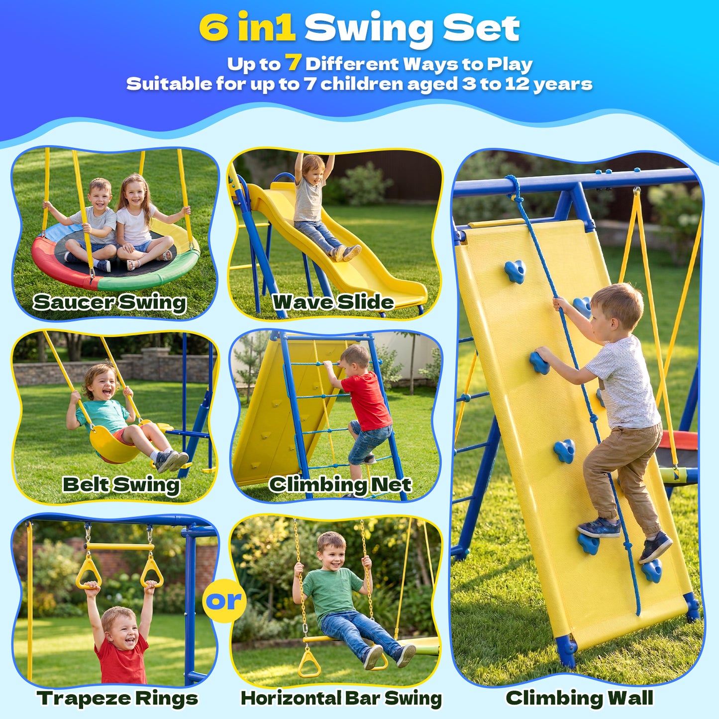 Swing Sets,Fashionsport Outfitters Heavy-Duty Metal Swing sets for Backyard, Playground,Outside Toys with Climber Net,Climber Wall,Saucer Swing,Wave Slide,Belt Swing ,Trapeze Bar for 7 Kids Aged 3-12