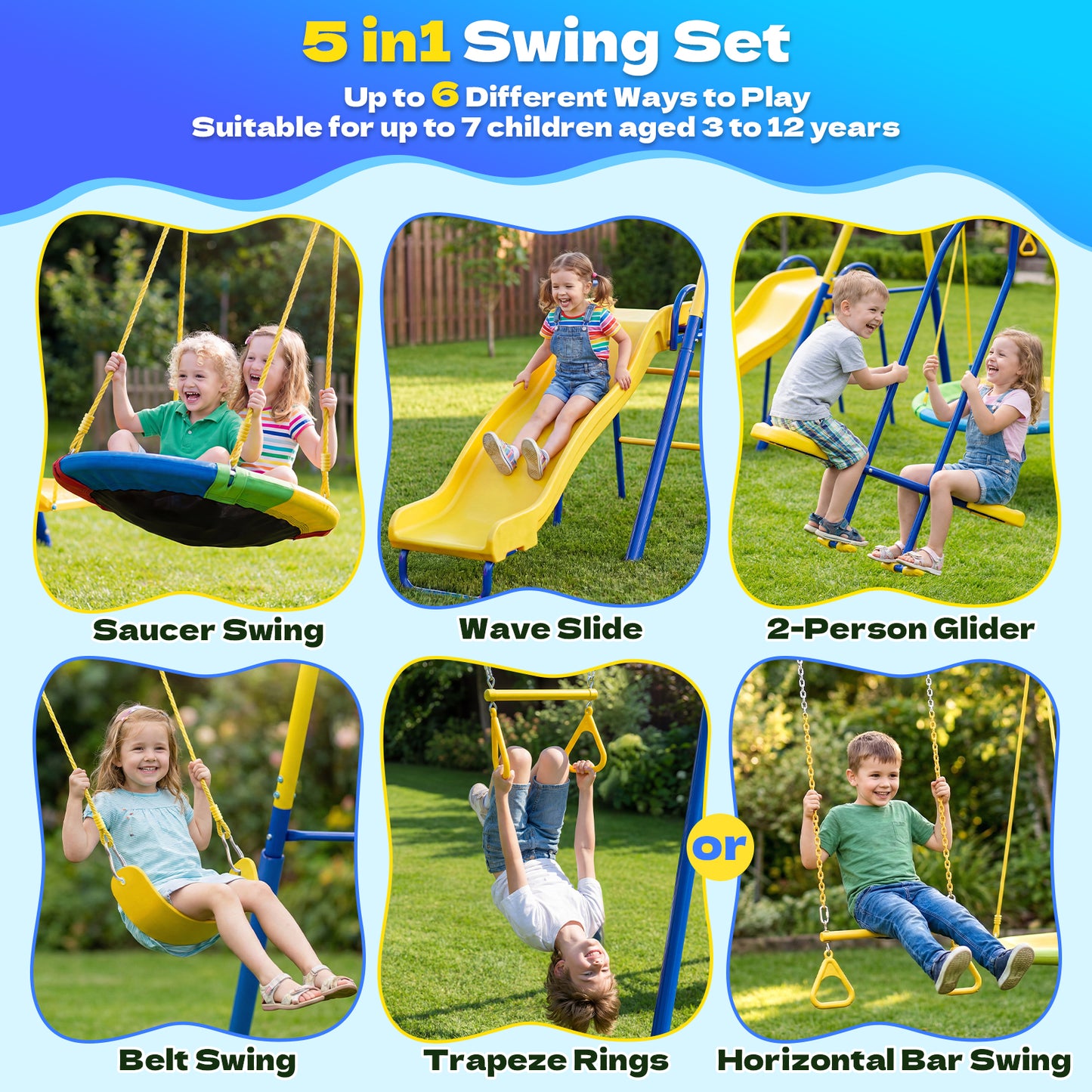 Metal Swing Sets for Backyard,Fashionsport Outfitters Heavy-Duty Outdoor Kids Swing sets for Playground,Outside Toys with Saucer Swing,Glider,Wave Slide,Belt Swing ,Trapeze Bar Swing for Aged 3-12