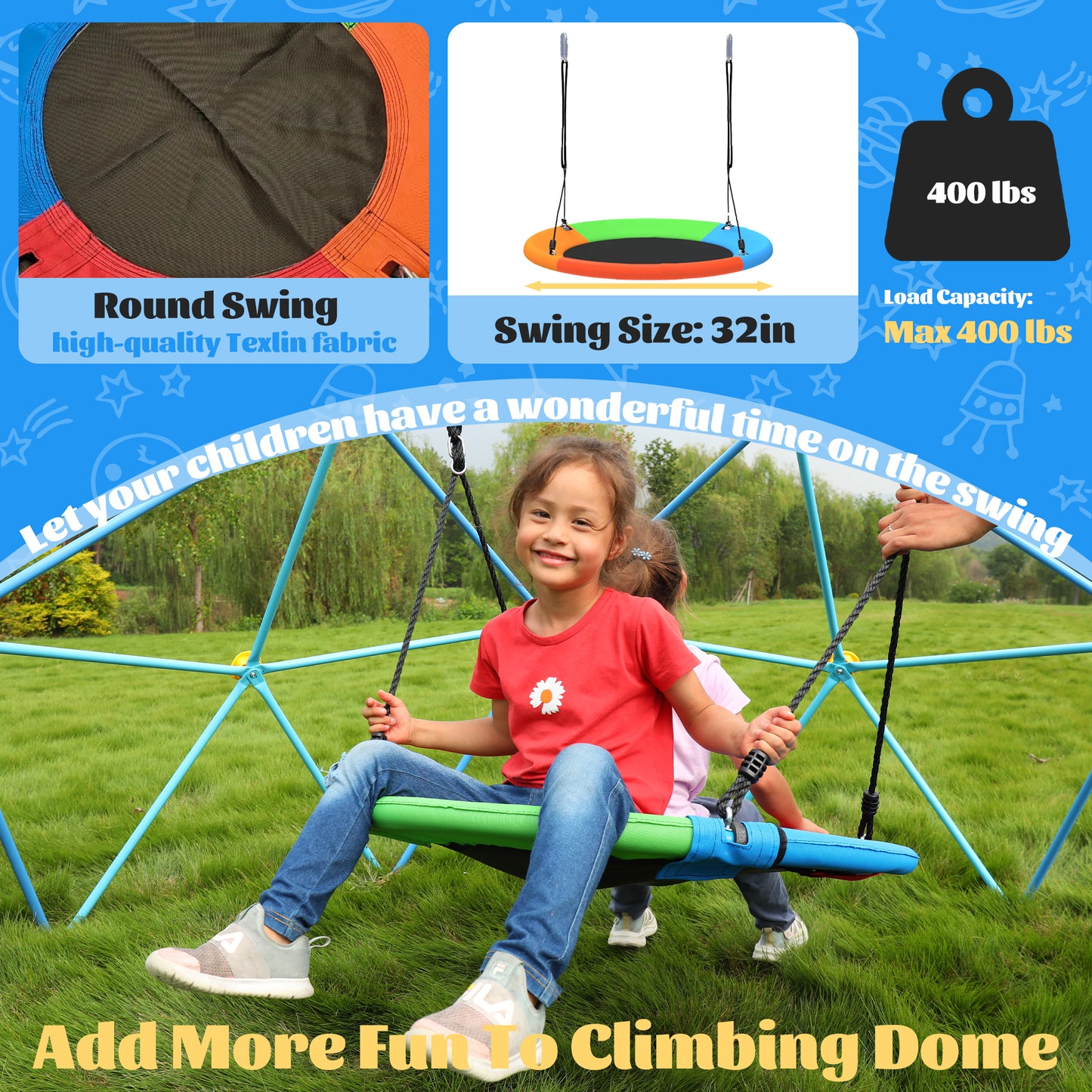 10FT Climbing Dome with Swing and String Light, Outdoor Jungle Gym for Kids, Geometric Dome Climber Supporting 880 Lbs Anti-Rust Metal Outdoor Play Structure