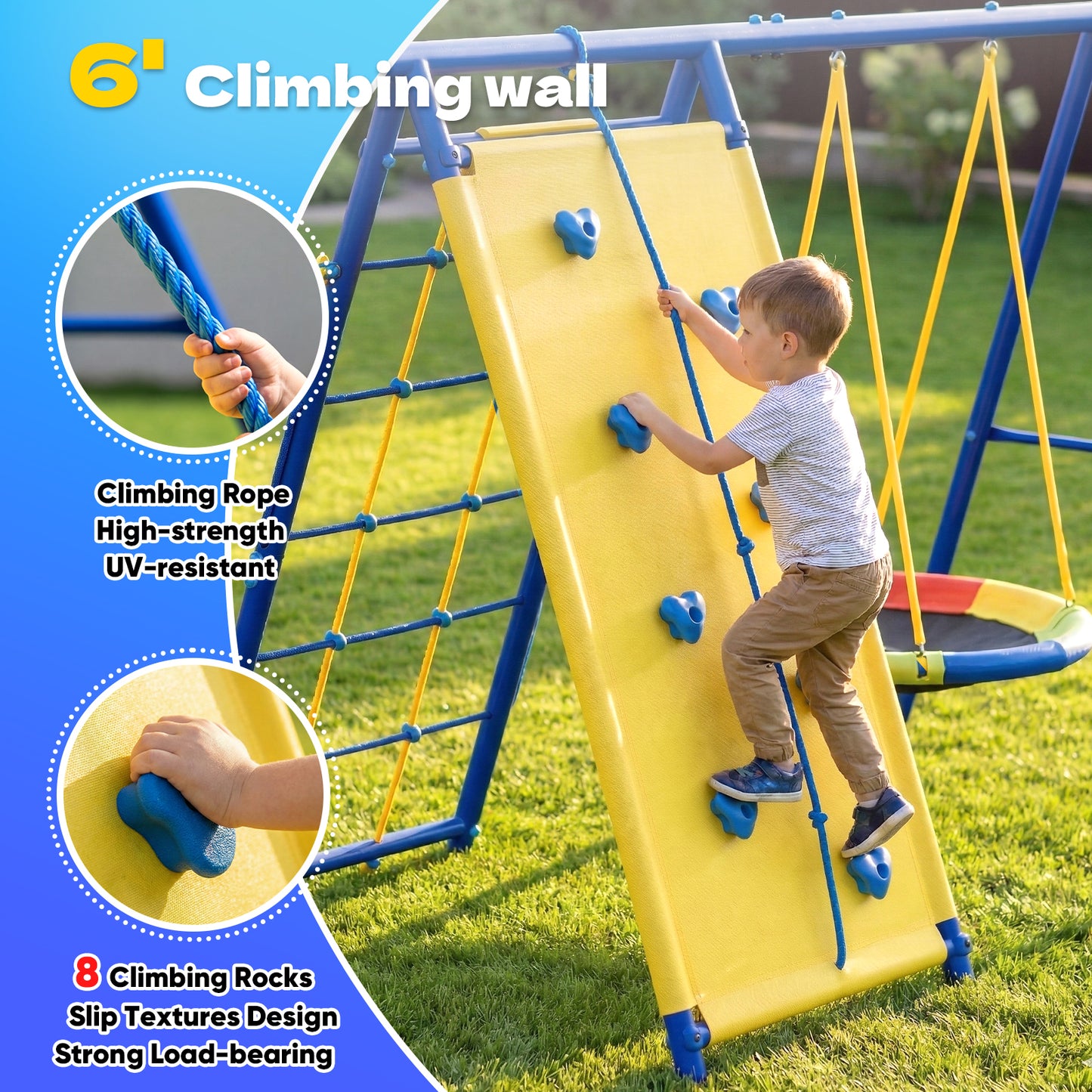 Swing Sets,Fashionsport Outfitters Heavy-Duty Metal Swing sets for Backyard, Playground,Outside Toys with Climber Net,Climber Wall,Saucer Swing,Wave Slide,Belt Swing ,Trapeze Bar for 7 Kids Aged 3-12