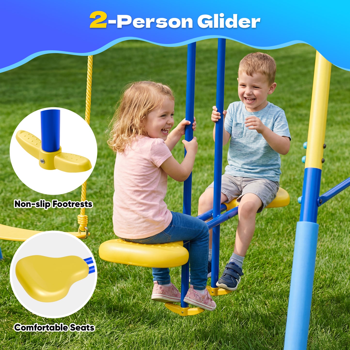 Metal Swing Sets for Backyard,Fashionsport Outfitters Heavy-Duty Outdoor Swing sets for Playground,Outside Toys with Saucer Swing,Glider,Wave Slide,Belt Swing ,Basketball Hoop for 7 Kids Aged 3-12