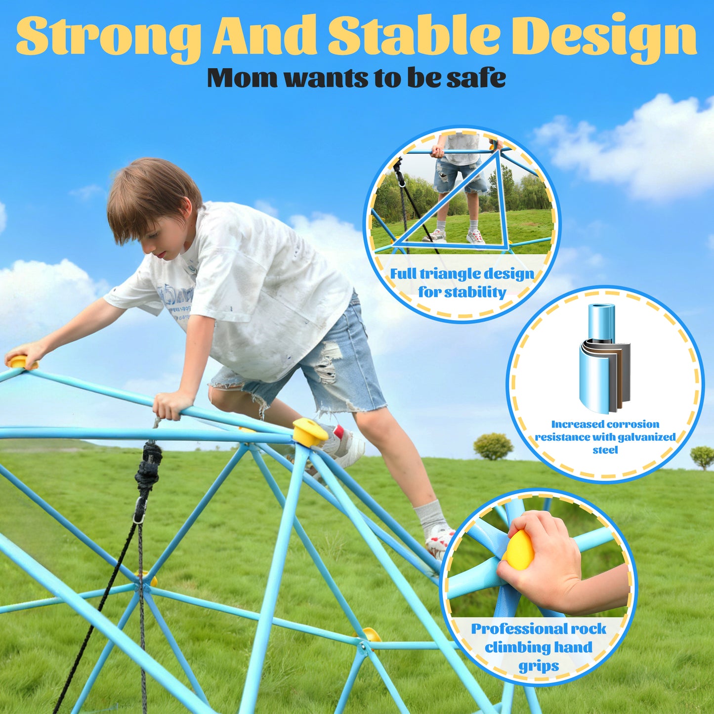 10FT Climbing Dome with Swing and String Light, Outdoor Jungle Gym for Kids, Geometric Dome Climber Supporting 880 Lbs Anti-Rust Metal Outdoor Play Structure