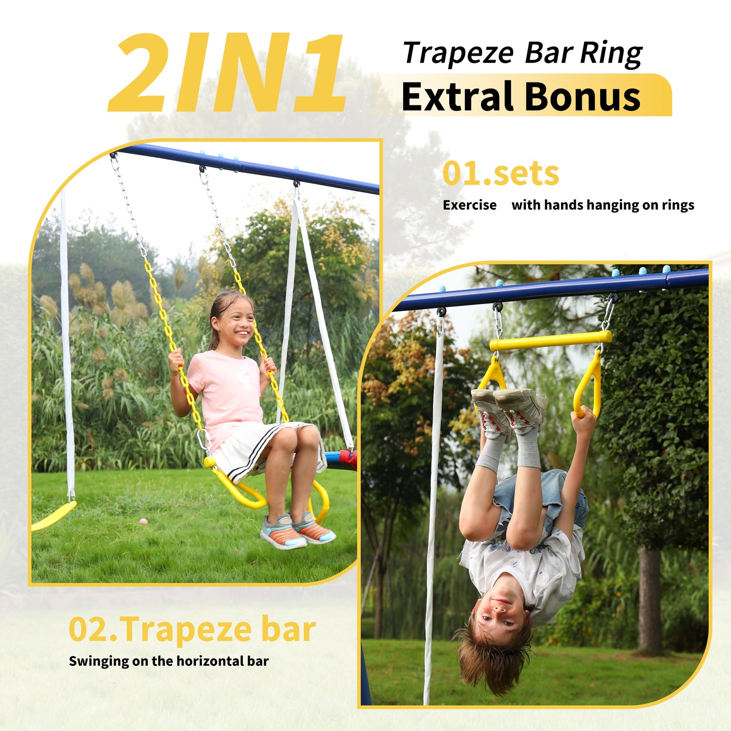 5-in-1 Swing Set,Metal Swing Sets for Backyard,Heavy-Duty Outdoor Kids Playsets for Playground,Outside Play Toys with Bonus Trapeze Bar Ring Great for Aged 3-12
