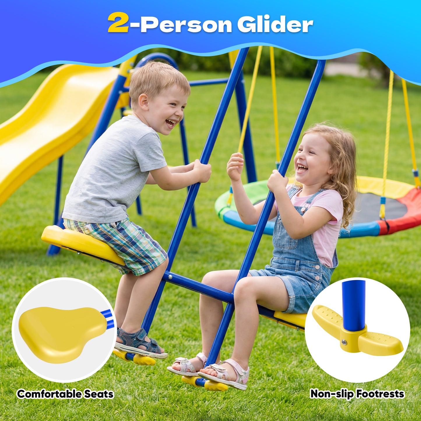 Swing Sets 6 Kids Play,Fashionsport Outfitters Heavy-Duty Outdoor Metal Swing sets for Backyard,Playground,Outside Toys with Saucer Swing,Wave Slide,Glider,Standing Swing for Aged 3-12