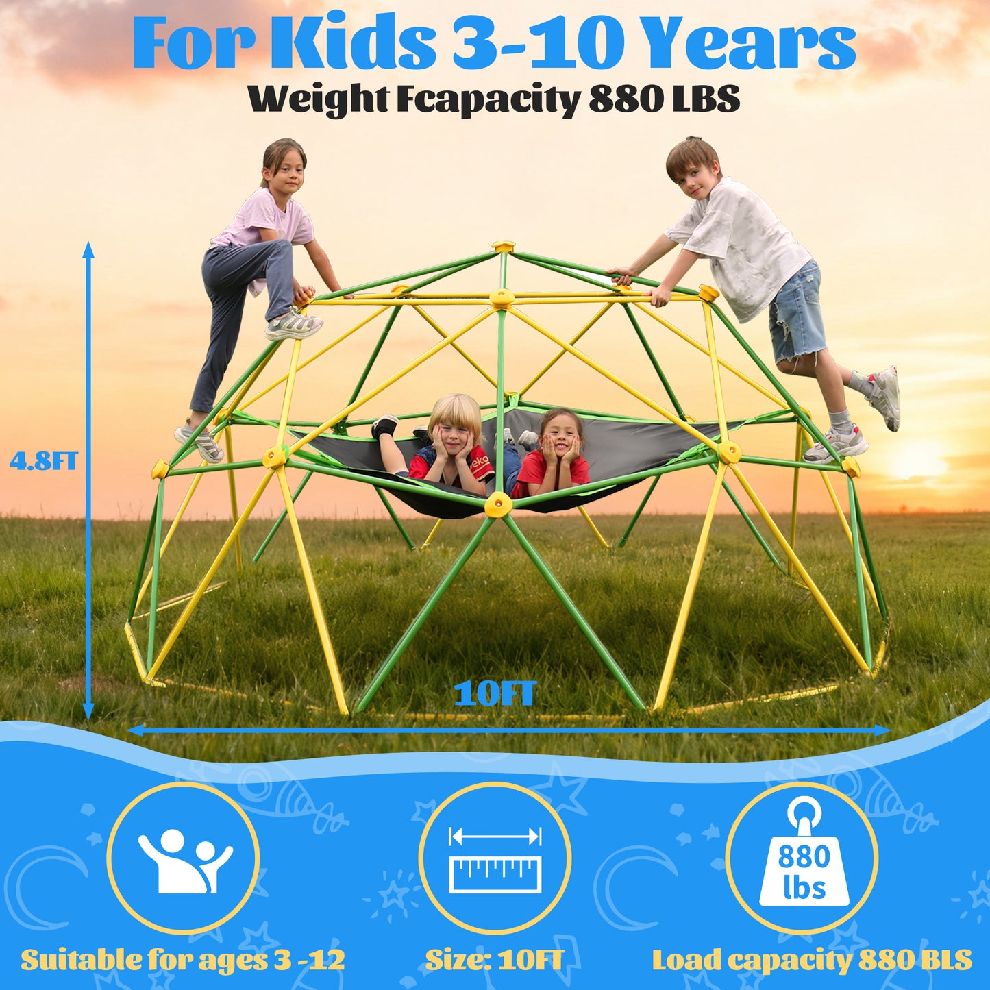10FT Climbing Dome with Hammock and Led String Light, Kids Geometric Climber Dome Jungle Gym Outdoor Play Toddler Play Set for Ages 3-10, Supports up to 880lbs