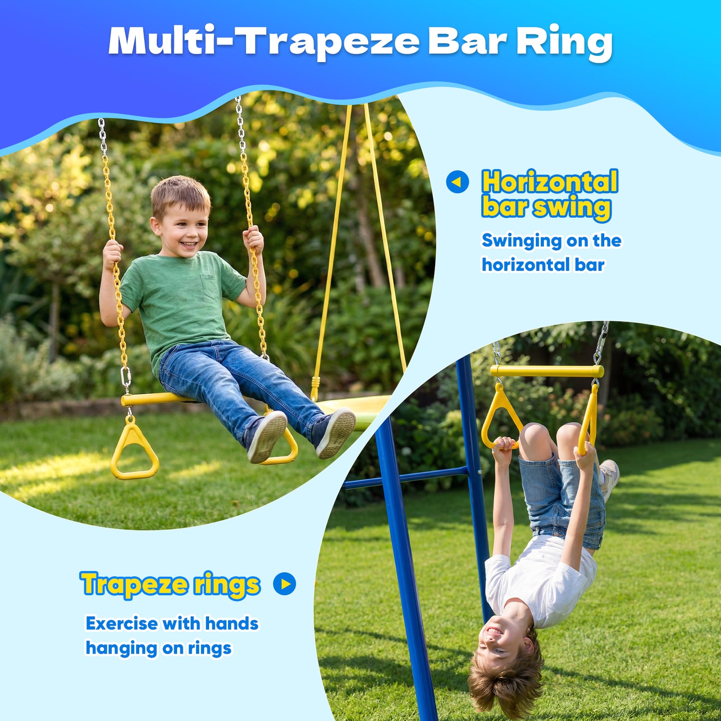 Swing Sets for Backyard,Fashionsport Outfitters Heavy-Duty Outdoor Kids Metal Swing sets for Playground,Outside Toys with Saucer Swing,Wave Slide,Belt Swing ,Trapeze Bar Ring for Kids Aged 3-12