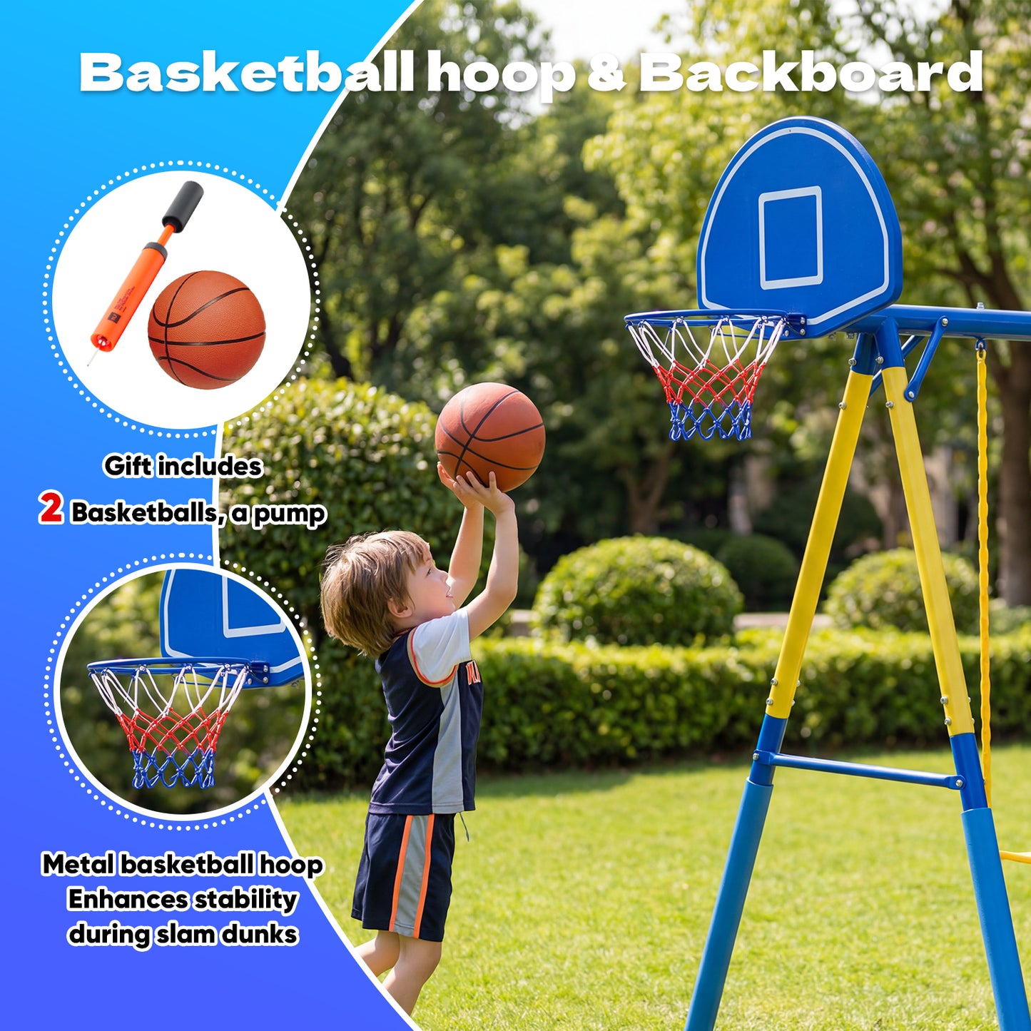Swing Sets with Trampoline,Fashionsport Outfitters Heavy-Duty Outdoor Swing sets for Backyard,Playground,Outside Toys with Saucer Swing,Wave Slide,Belt Swing,Trapeze Bar,Basketball Hoop for Aged 3-12