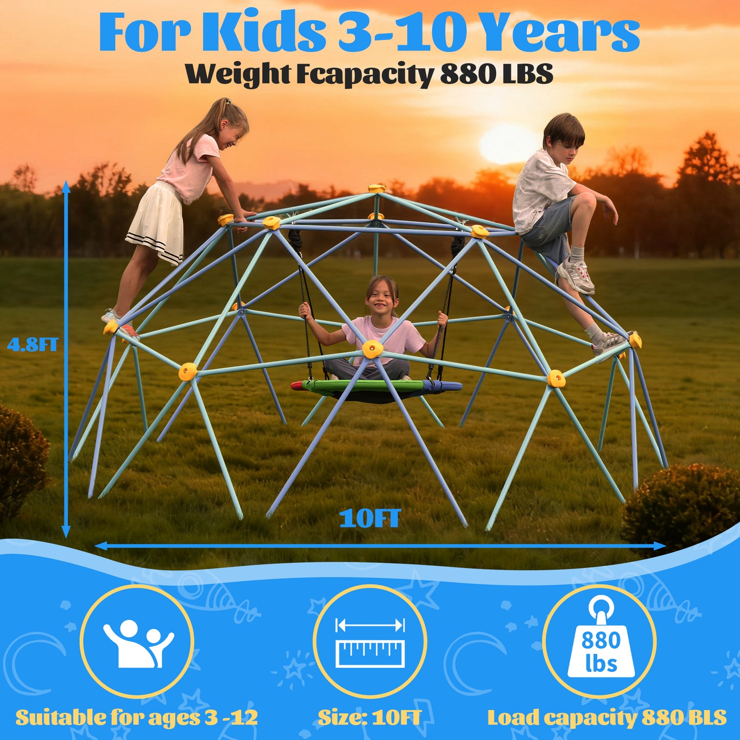 10FT Climbing Dome with Swing and String Light, Outdoor Jungle Gym for Kids, Geometric Dome Climber Supporting 880 Lbs Anti-Rust Metal Outdoor Play Structure