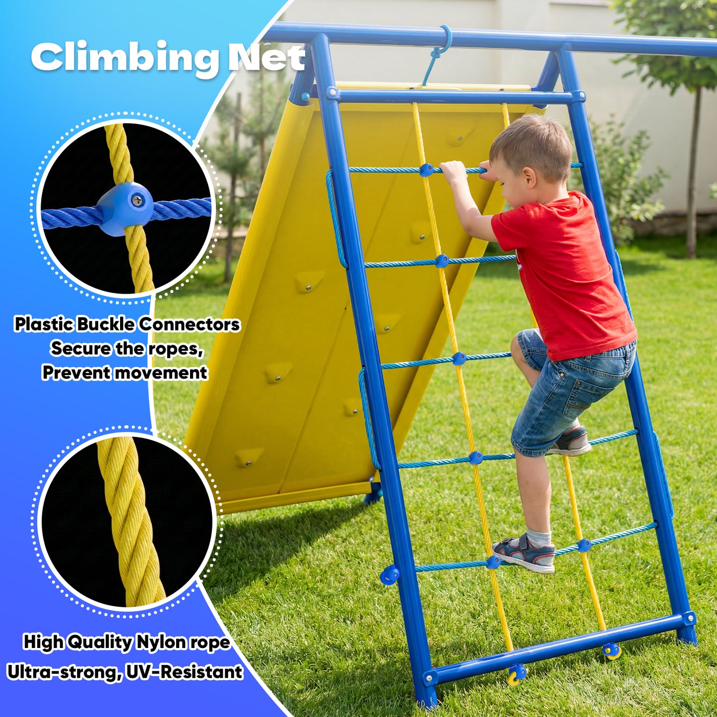 Swing Sets,Fashionsport Outfitters Heavy-Duty Metal Swing sets for Backyard, Playground,Outside Toys with Climber Net,Climber Wall,Saucer Swing,Wave Slide,Belt Swing ,Trapeze Bar for 7 Kids Aged 3-12