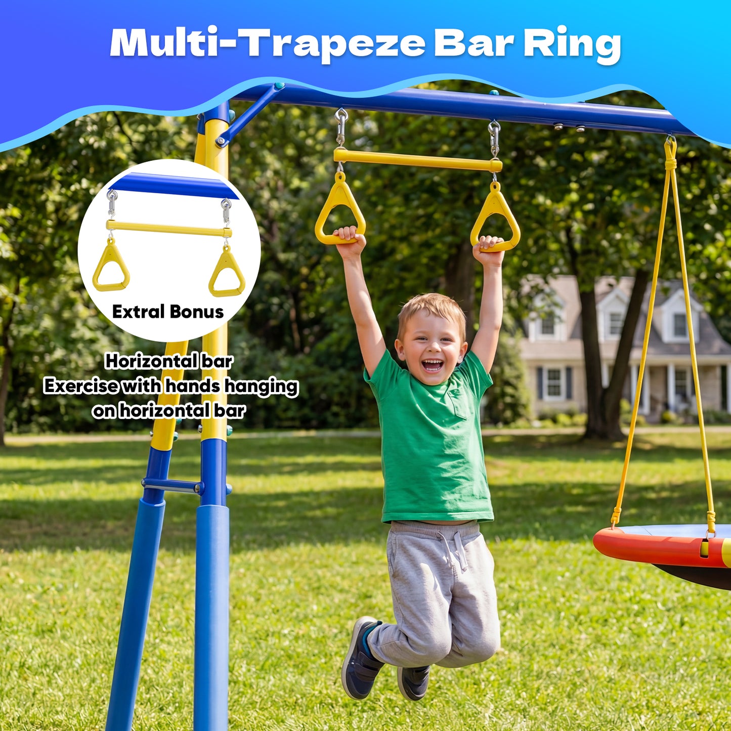 Swing Sets for Backyard,Fashionsport Outfitters Heavy-Duty 500lbs Outdoor Metal Swing sets for Playground,Outside Toys with Saucer Swing,Belt Swing and Trapeze Rings for Aged 3-12 Kids