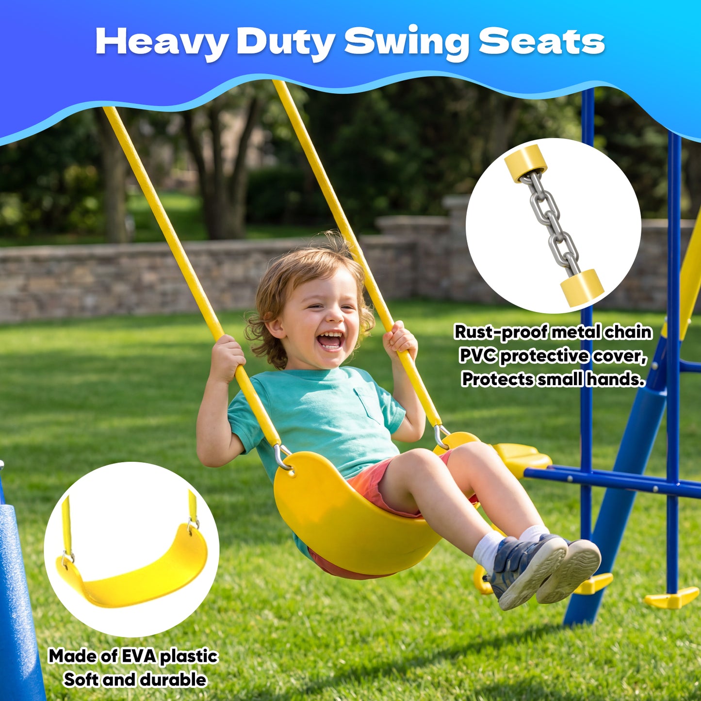 Swing Sets,Fashionsport Outfitters Heavy-Duty Metal Swing sets for Backyard, Playground,Outside Toys with Climber Net,Climber Wall,Saucer Swing,Wave Slide,Belt Swing ,Trapeze Bar for 7 Kids Aged 3-12