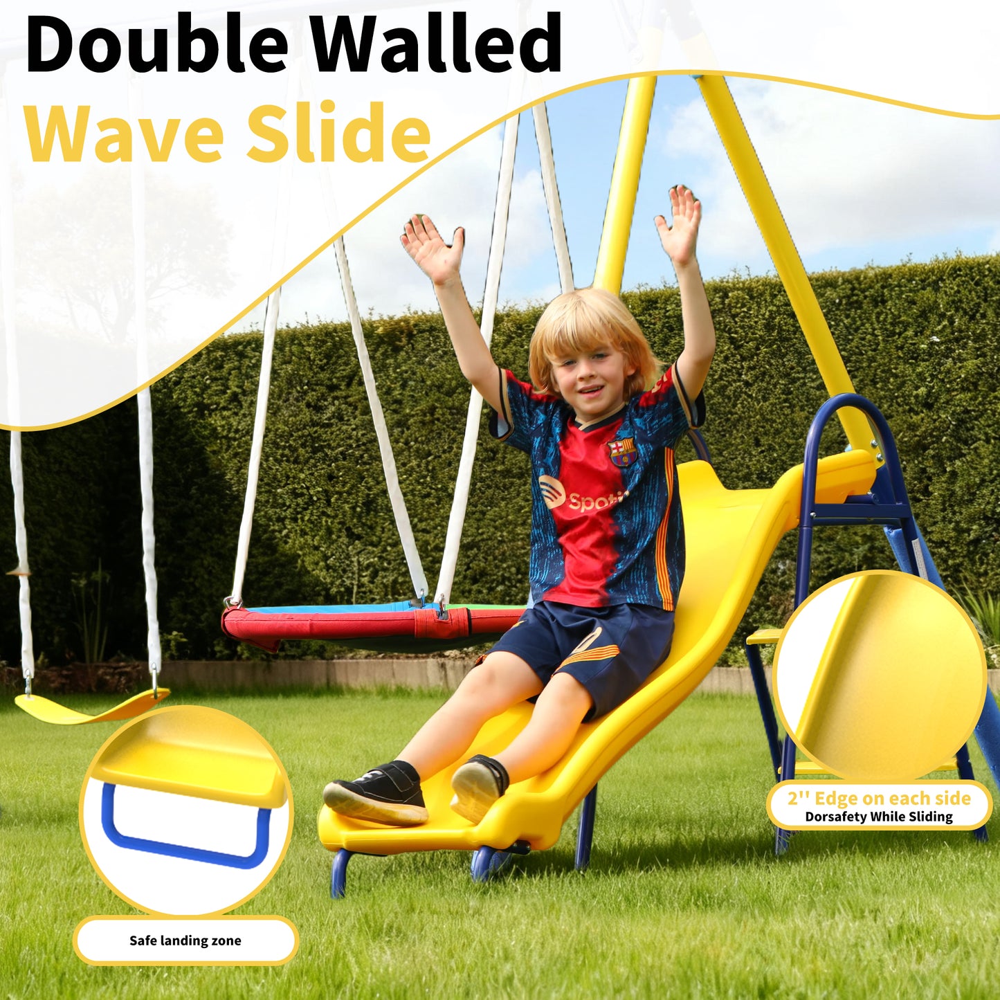 5-in-1 Swing Set,Metal Swing Sets for Backyard,Heavy-Duty Outdoor Kids Playsets for Playground,Outside Play Toys with Bonus Trapeze Bar Ring Great for Aged 3-12