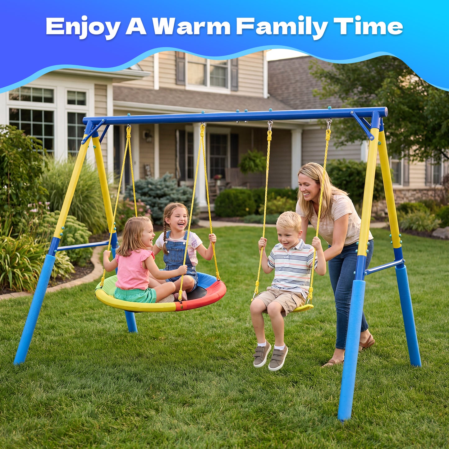 Swing Sets for Backyard,Fashionsport Outfitters Heavy-Duty 500lbs Outdoor Metal Swing sets for Playground,Outside Toys with Saucer Swing,Belt Swing and Trapeze Rings for Aged 3-12 Kids