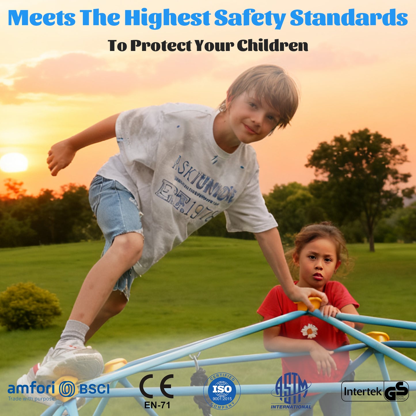 10FT Climbing Dome with Swing and String Light, Outdoor Jungle Gym for Kids, Geometric Dome Climber Supporting 880 Lbs Anti-Rust Metal Outdoor Play Structure