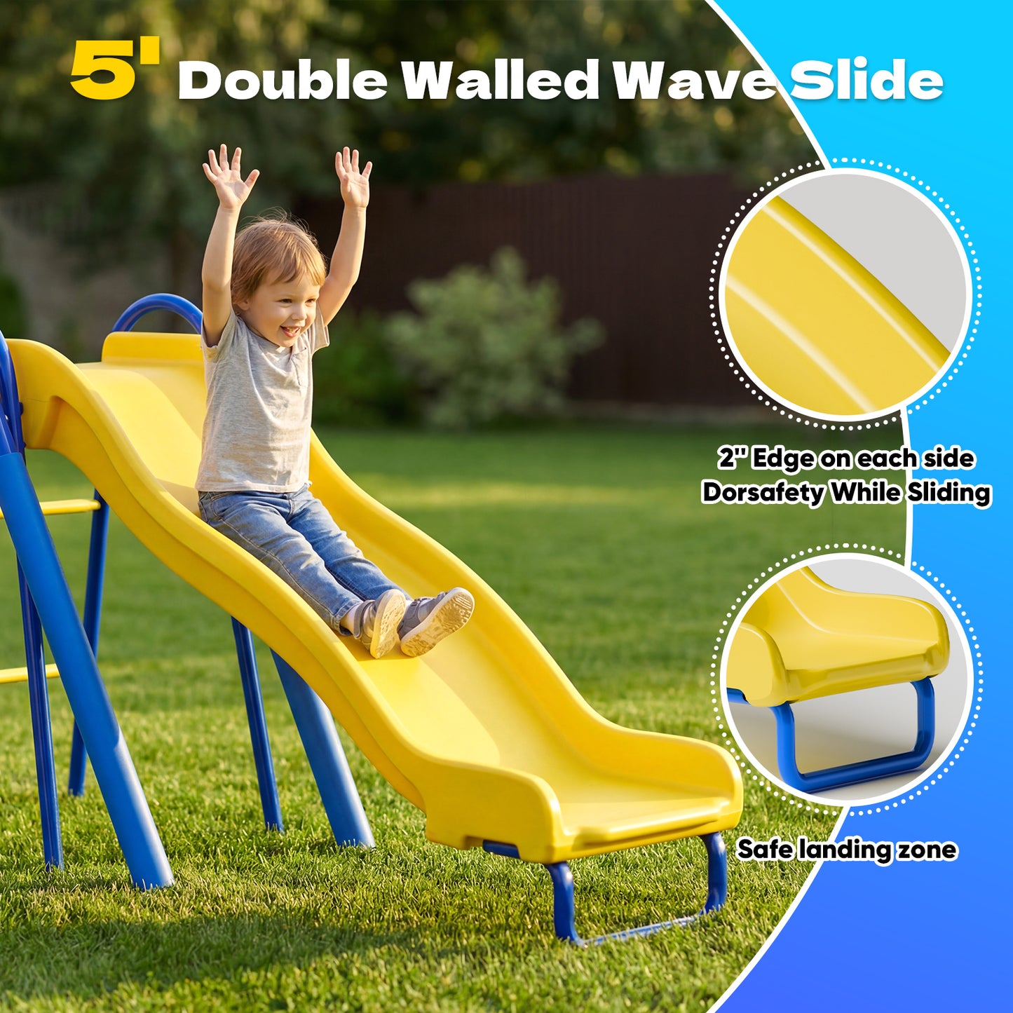 Swing Sets,Fashionsport Outfitters Heavy-Duty Metal Swing sets for Backyard, Playground,Outside Toys with Climber Net,Climber Wall,Saucer Swing,Wave Slide,Belt Swing ,Trapeze Bar for 7 Kids Aged 3-12