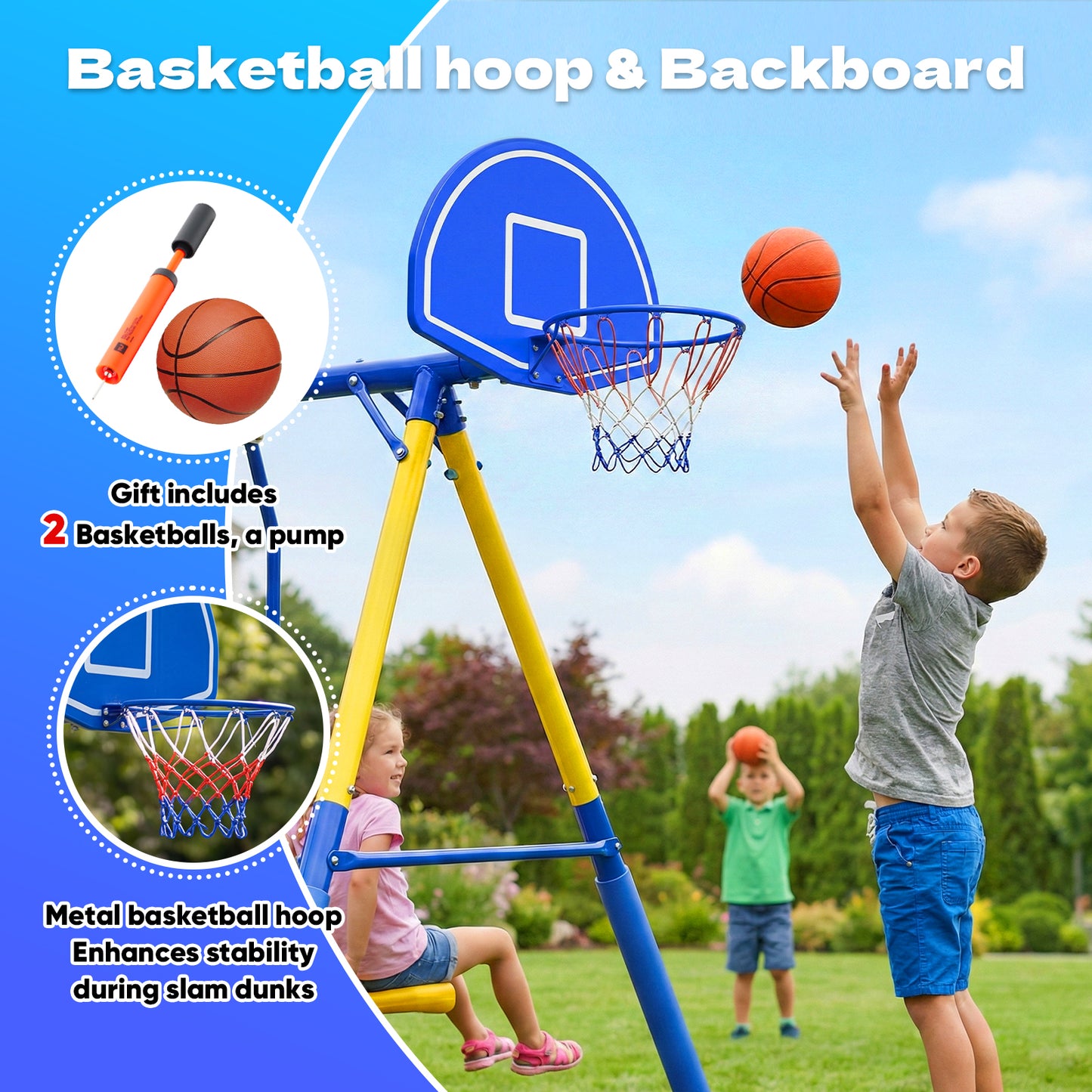 Metal Swing Sets for Backyard,Fashionsport Outfitters Heavy-Duty Outdoor Swing sets for Playground,Outside Toys with Saucer Swing,Glider,Wave Slide,Belt Swing ,Basketball Hoop for 7 Kids Aged 3-12
